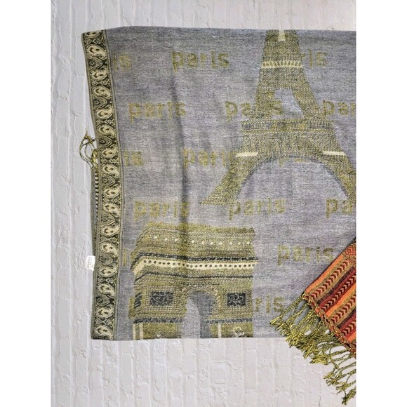Vtg 90s Pashmina Shaw Wrap Paris Eiffel Tower City Tour Fringe Scarf Red Gray - Picture 6 of 8